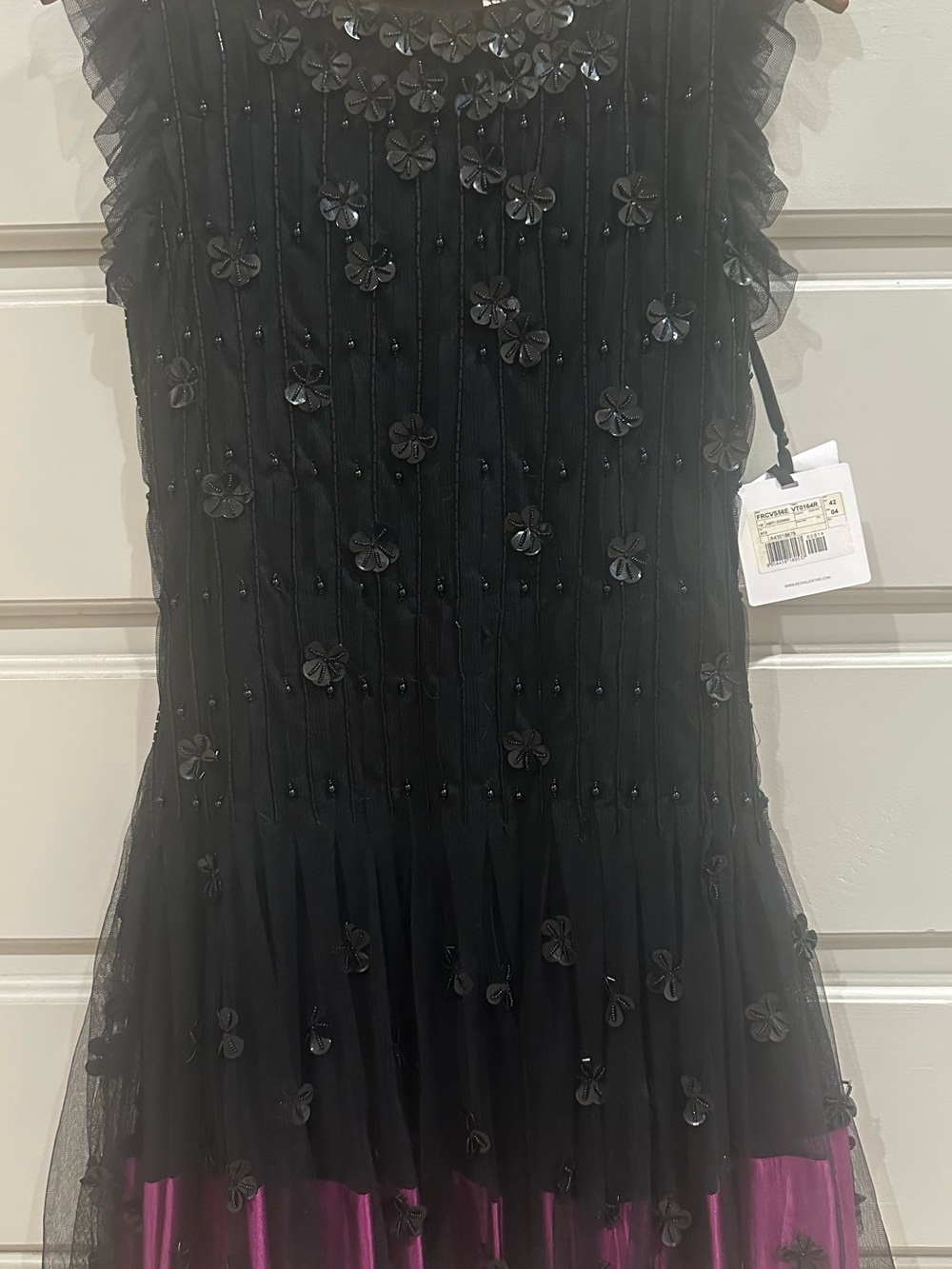 REDValentino Black Tulle Floral Appliqué & Beaded Dress w/Fuchsia Lining US 4